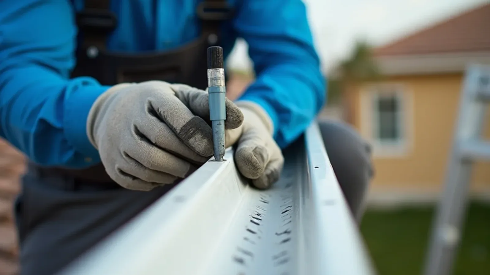 Gloved hand applying gutter sealant along the inside of a riveted aluminum corner miter