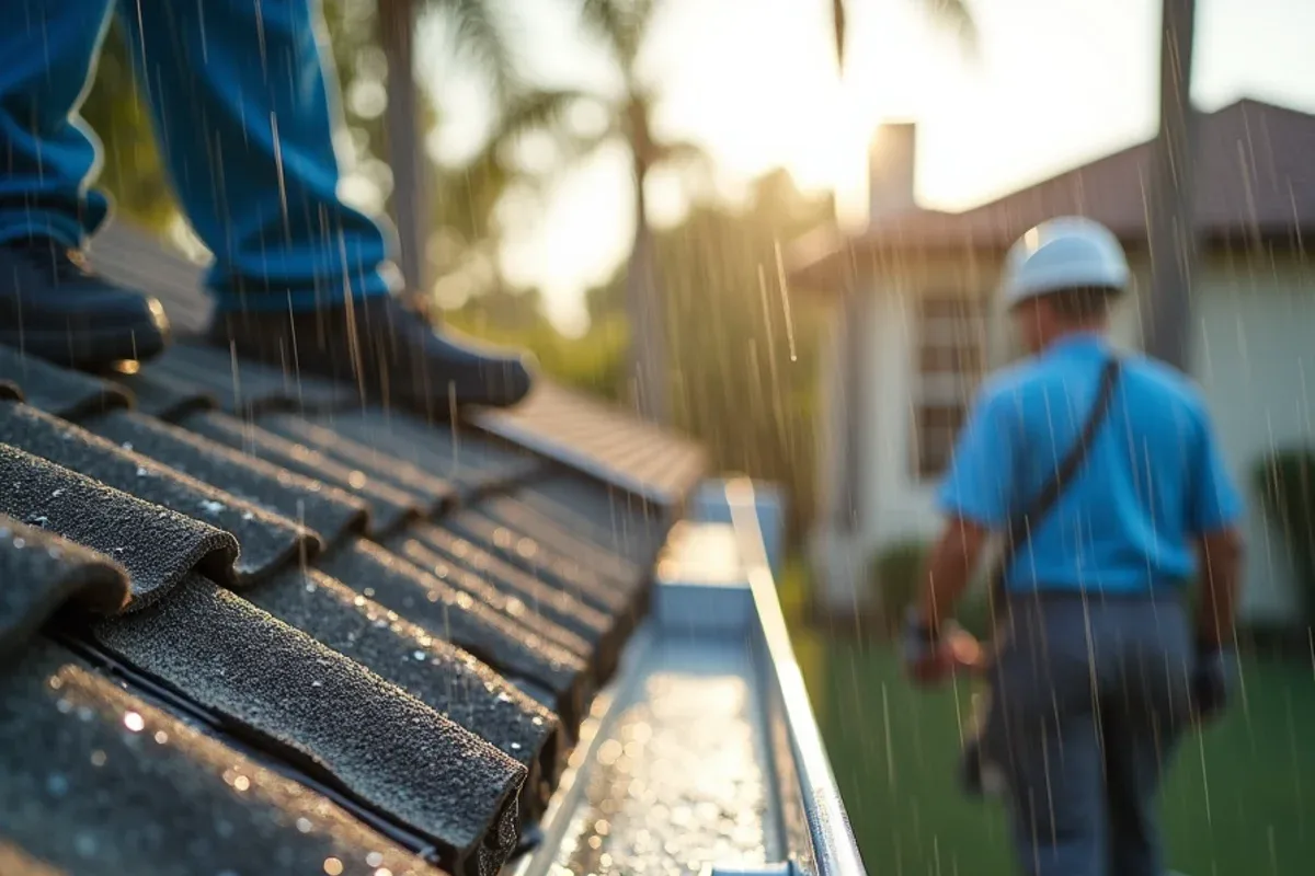 Heavy rainwater soaking through a micro-mesh gutter guard into the trough below