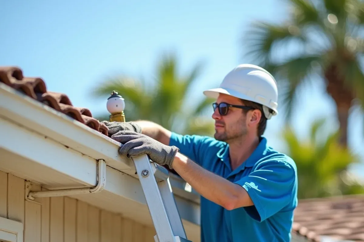 Lightweight aluminum gutter hung on backing below a mobile home metal roof edge