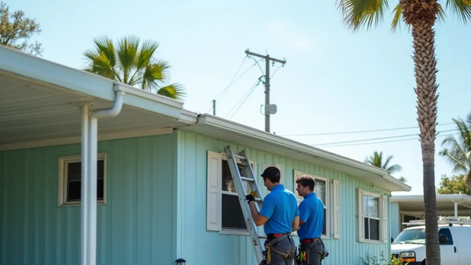 White aluminum gutter on a manufactured home with an attached carport in a palm-lined park