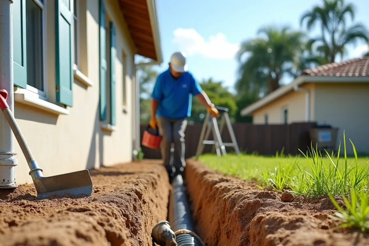 Open trench with corrugated underground drain line laid from a new downspout before sod
