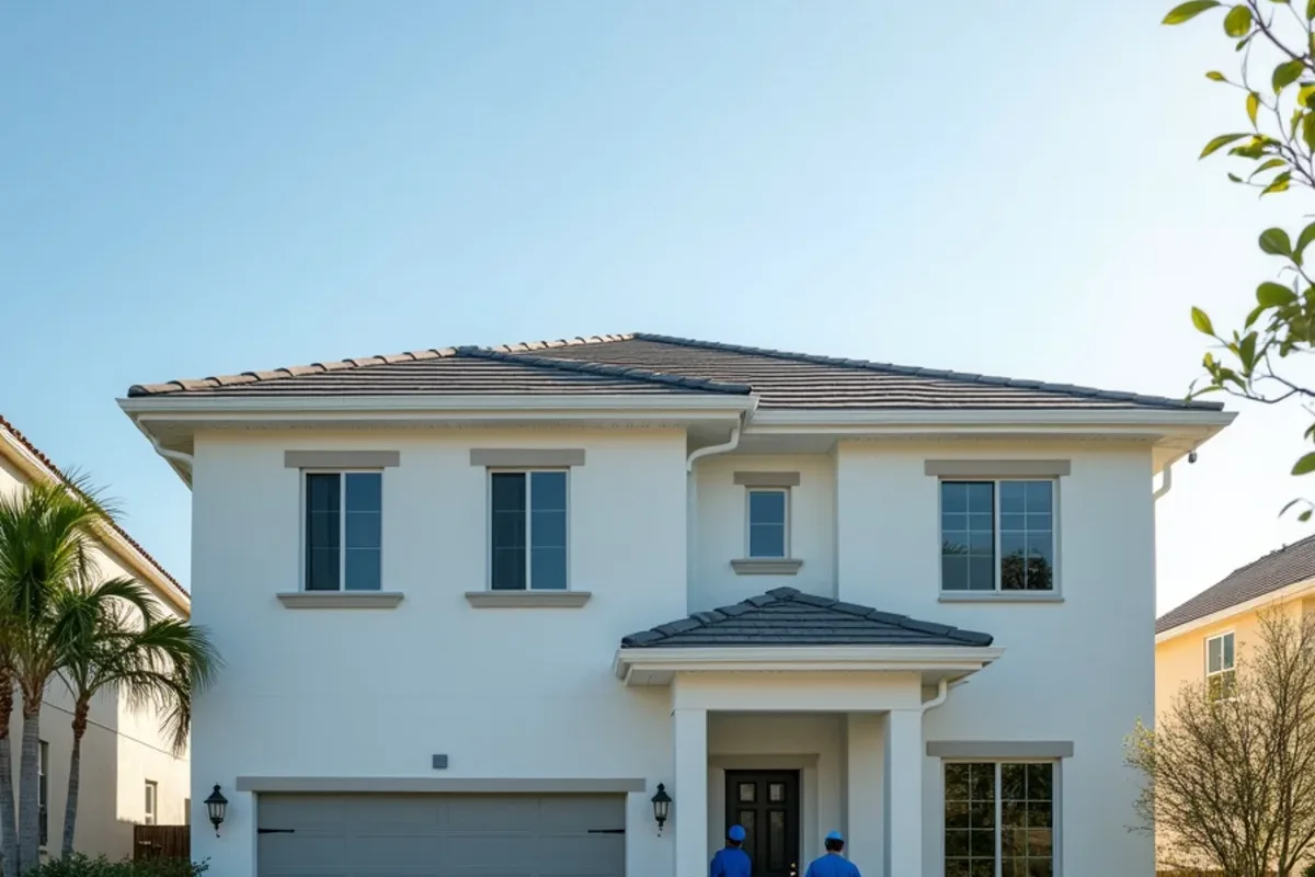 Finished white seamless gutters and downspouts on a new two-story tile roof home