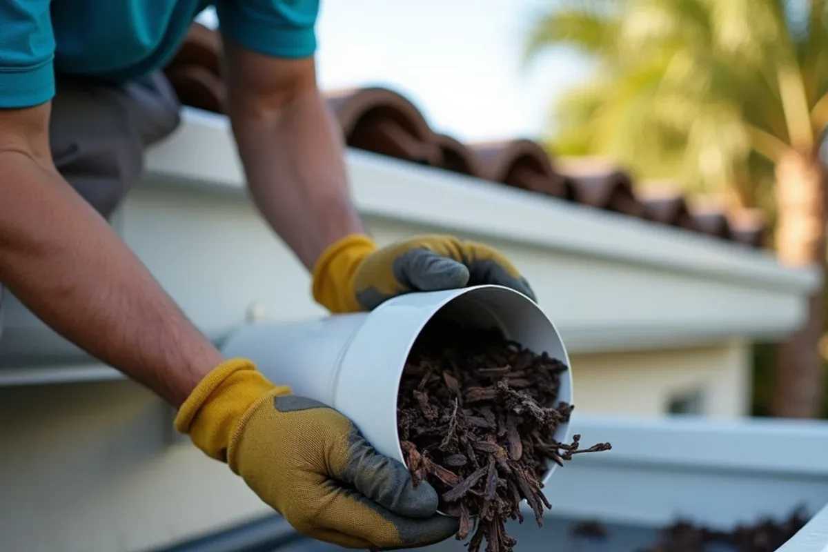 Downspout elbow cut open showing a plug of compacted black olive leaves