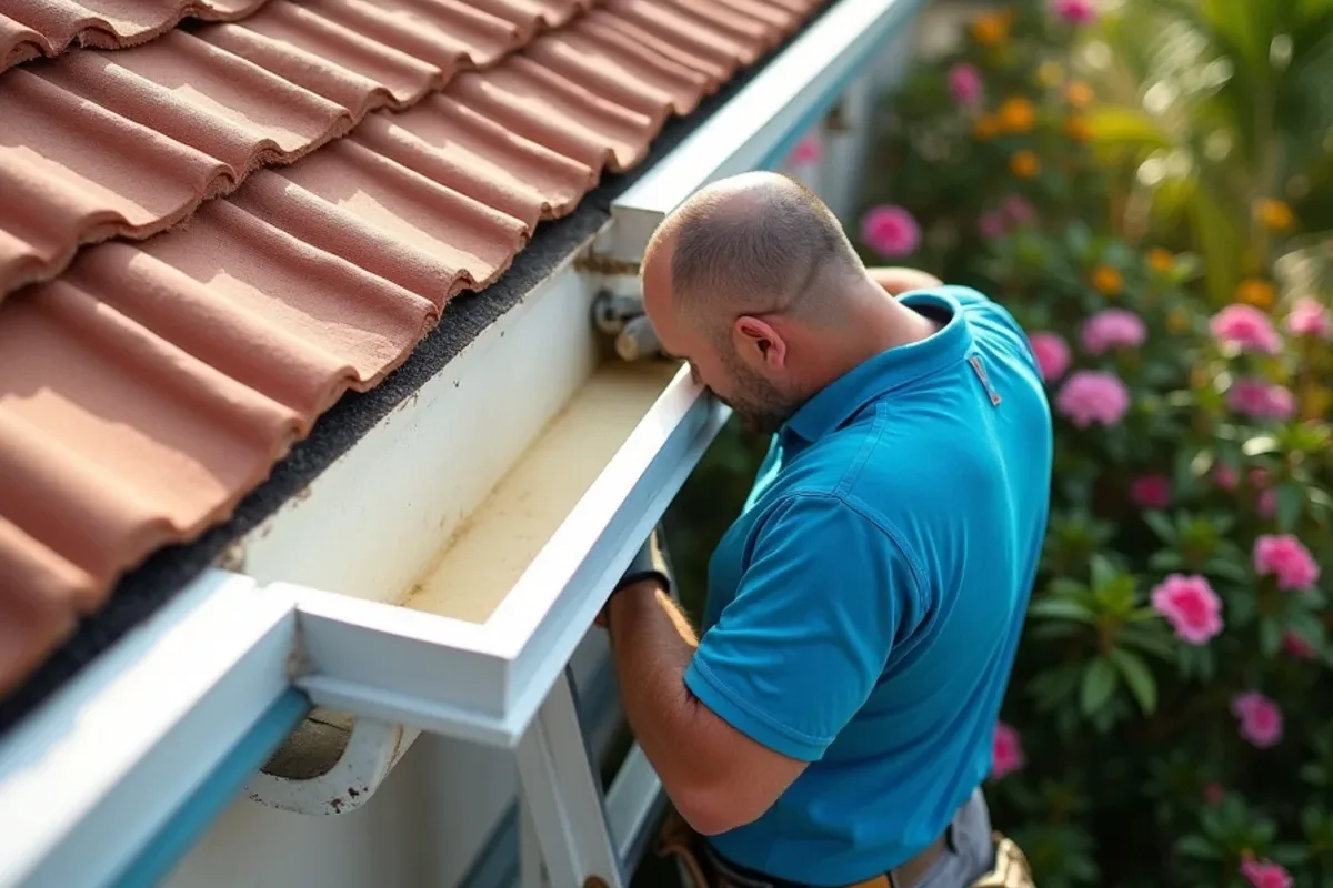 Inside corner of a 6-inch gutter under a concrete tile roof valley with outlet