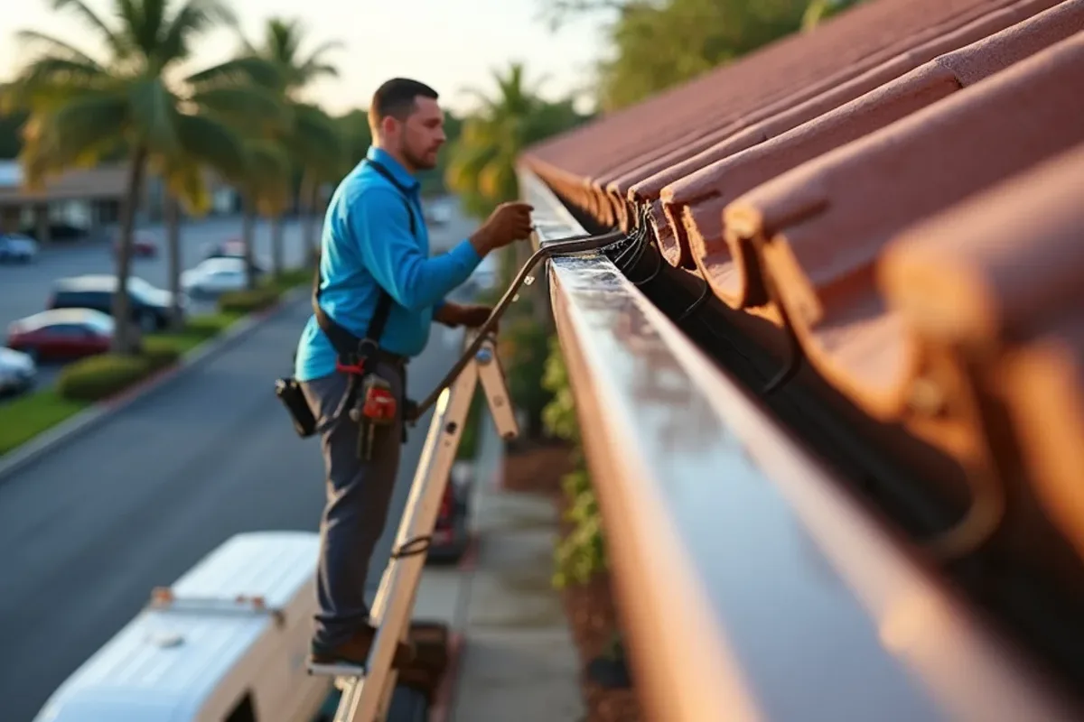 Seven-inch commercial size gutter along the roof edge of a one-story retail plaza