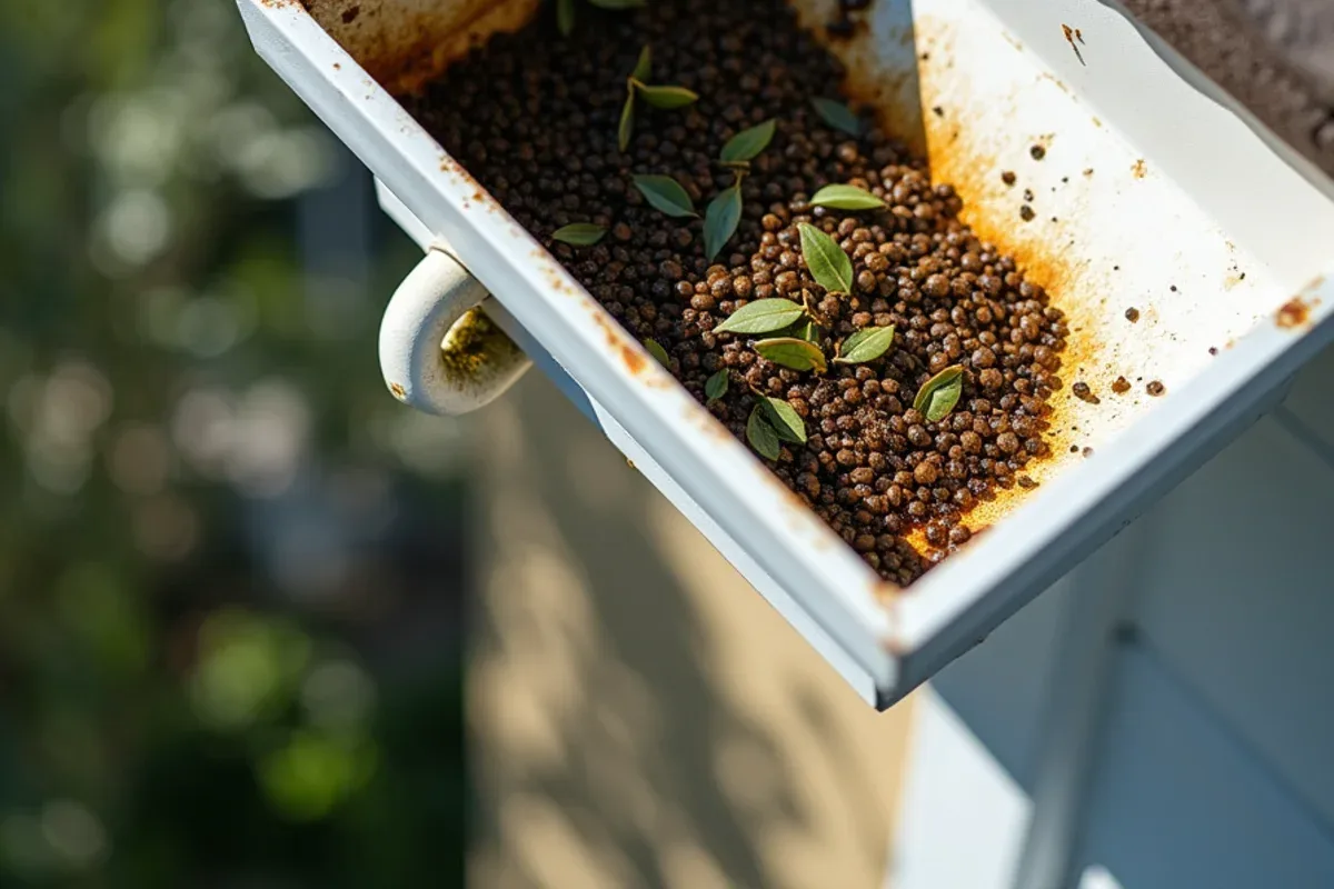 Dense mat of tiny black olive leaves packed over a gutter downspout outlet