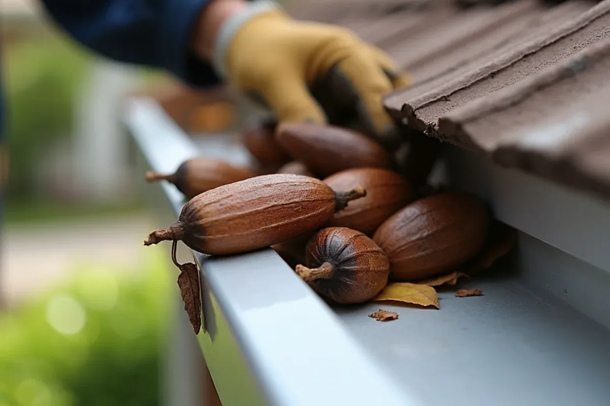 Split mahogany seed pod sections wedged across a gutter outlet with leaf litter