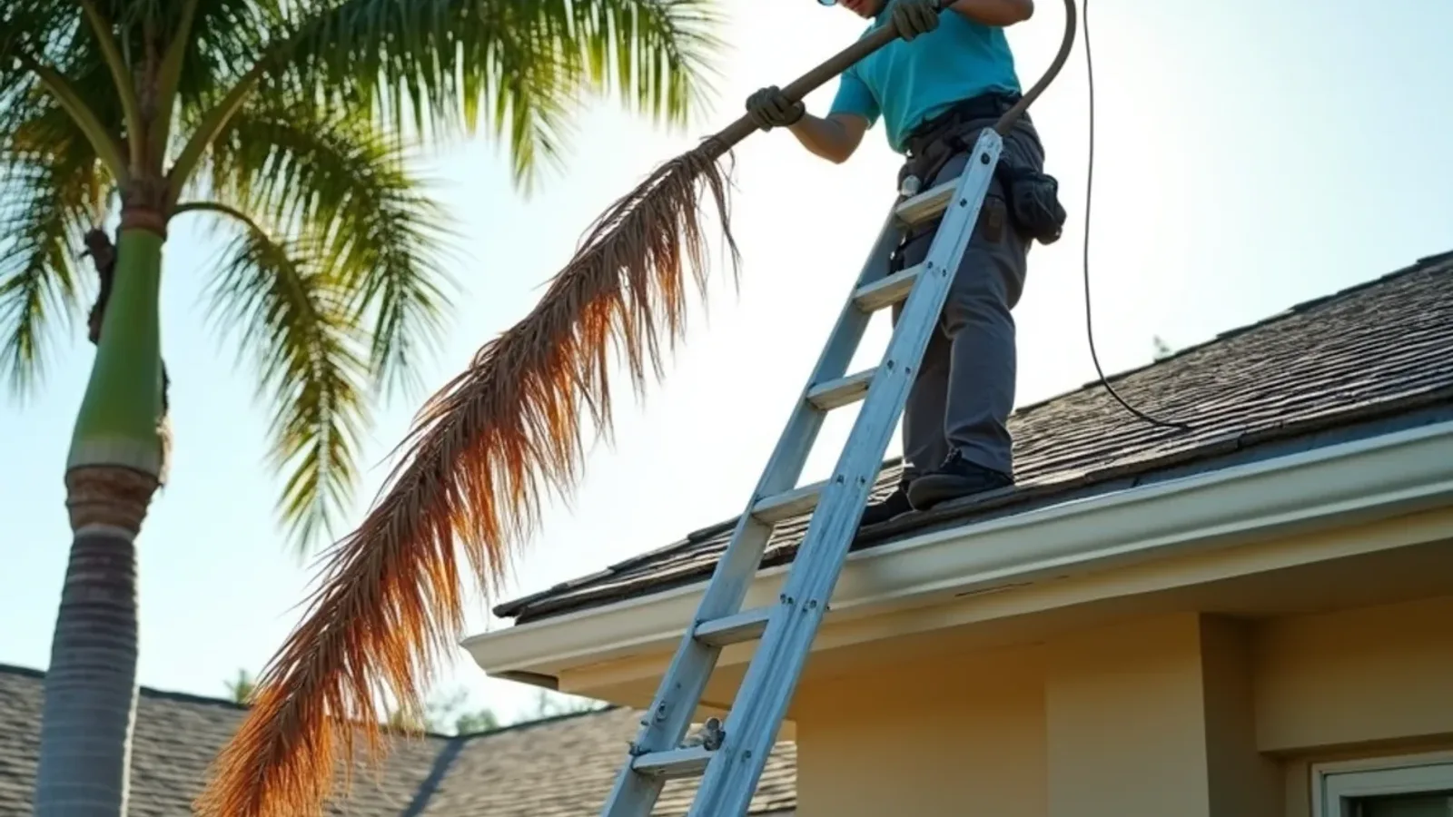 Technician on a ladder pulling a dead royal palm frond off a shingle roof edge