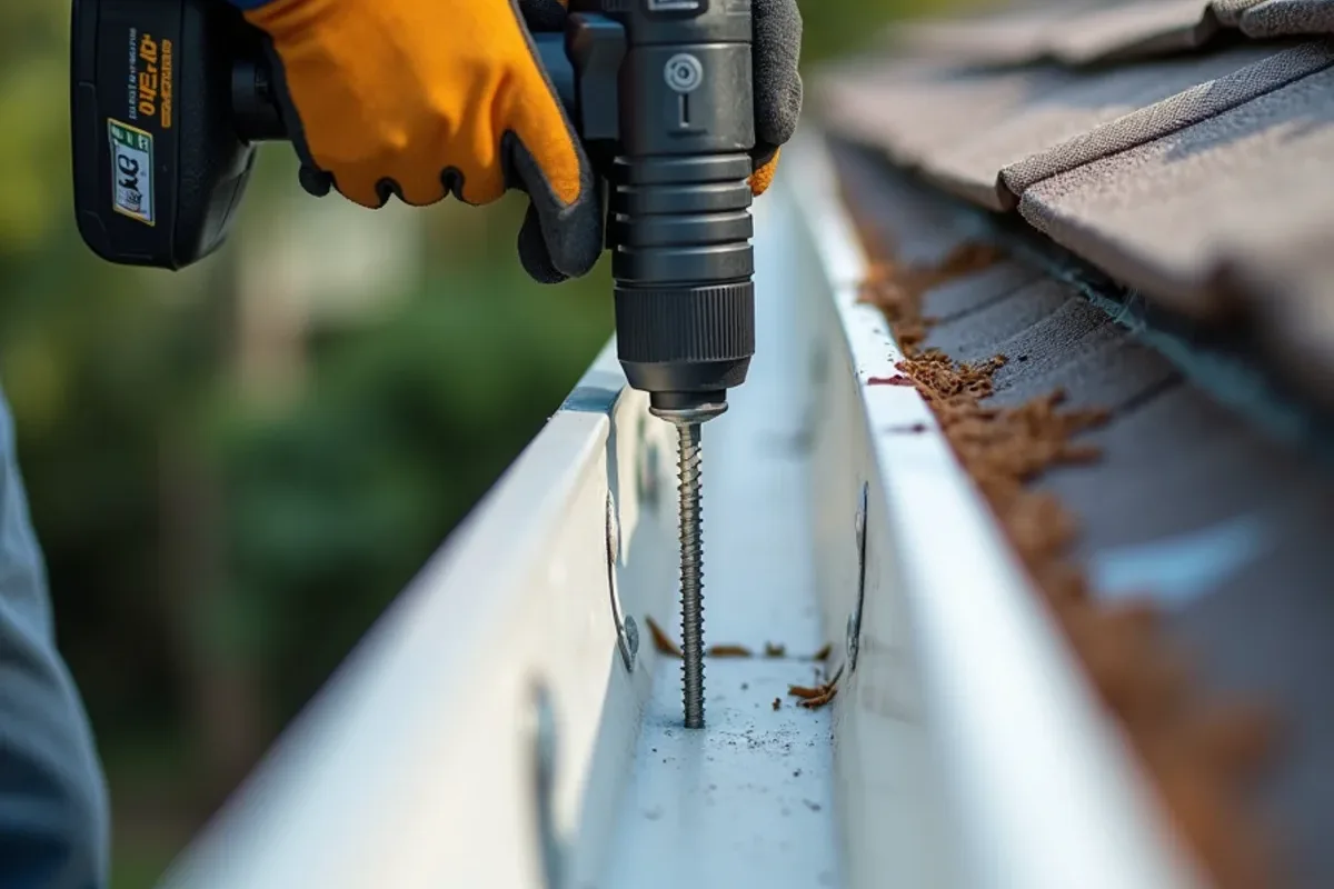 Cordless driver tightening a hidden gutter hanger screw during pre-hurricane prep