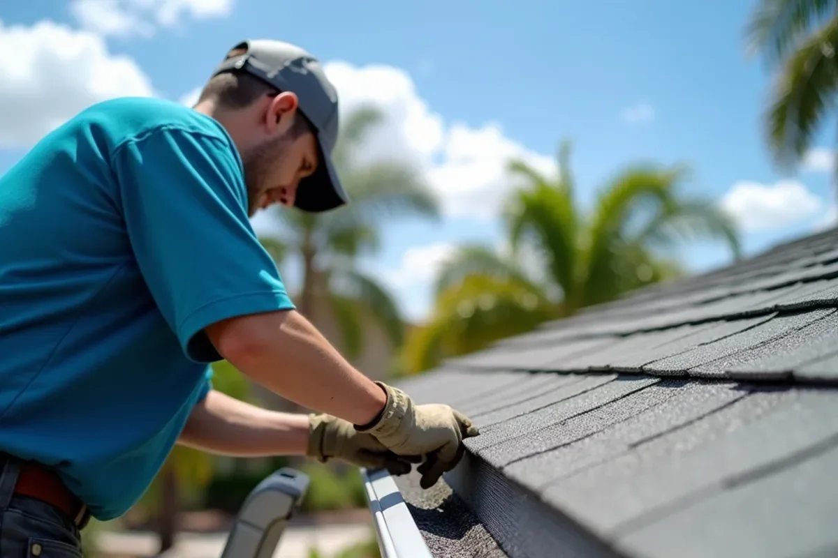 Worker adding screws to a micro-mesh gutter guard ahead of hurricane winds