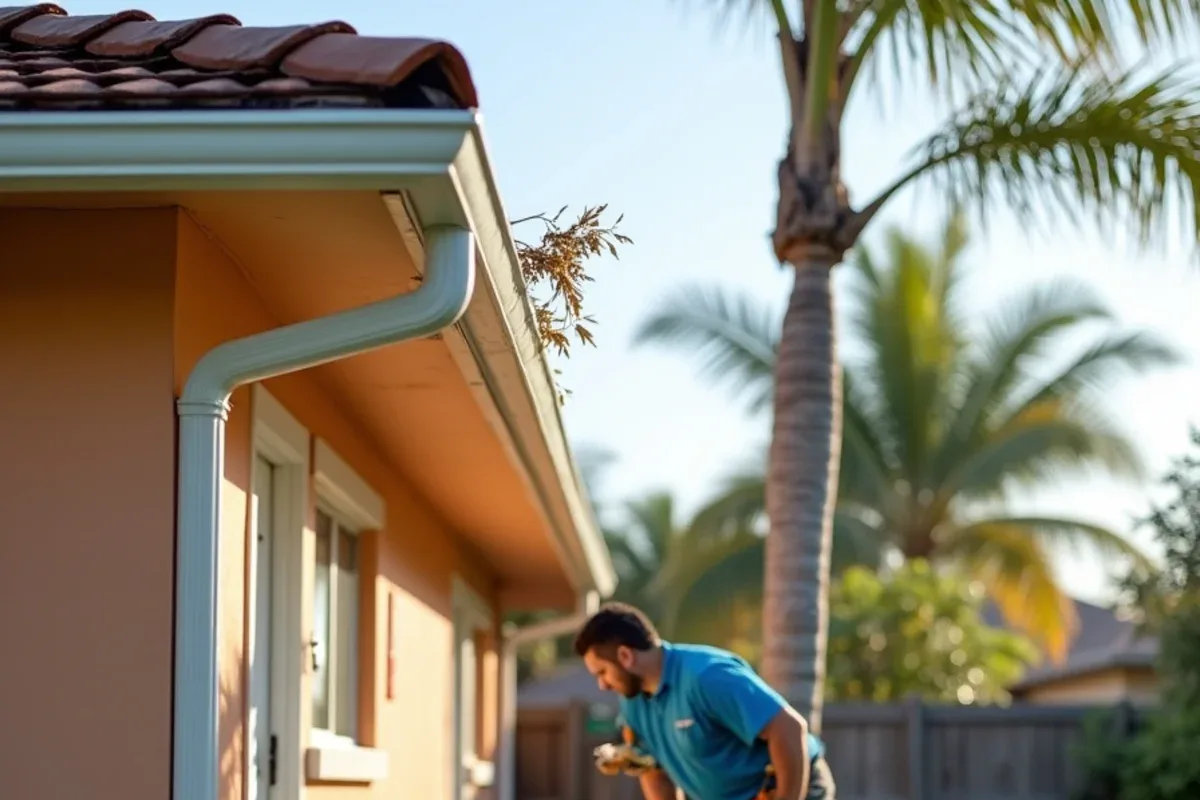 Before pre-hurricane gutter prep: debris-filled gutter with a backed-out hanger and a loose downspout
