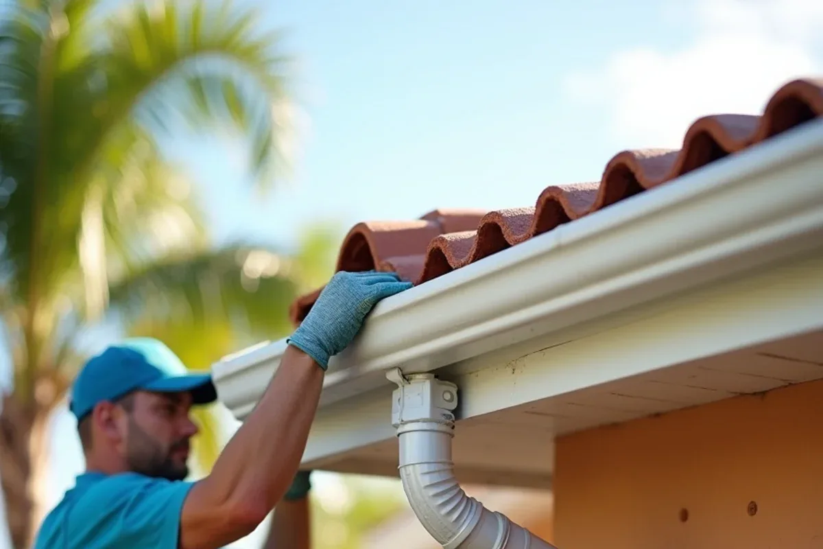 After pre-hurricane gutter prep: clean, tightly fastened gutter and double-strapped downspout on a stucco corner