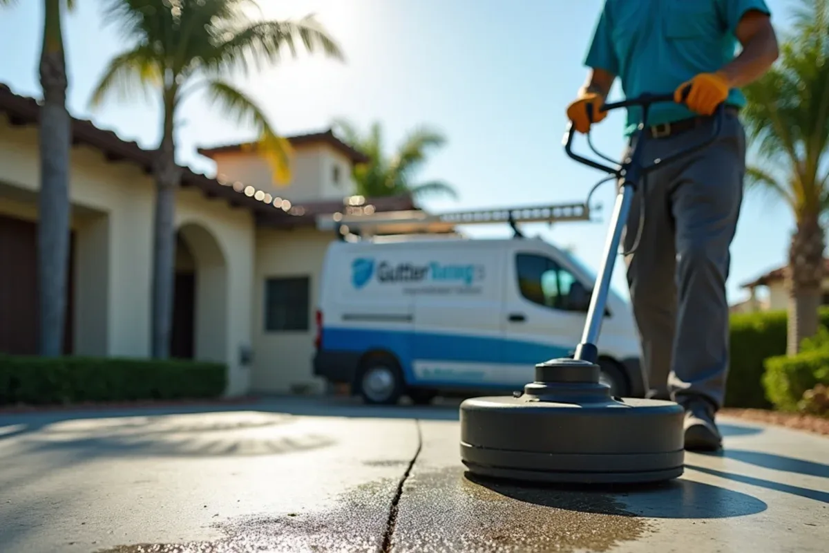 Rotary surface cleaner removing black mildew from a concrete driveway in clean stripes