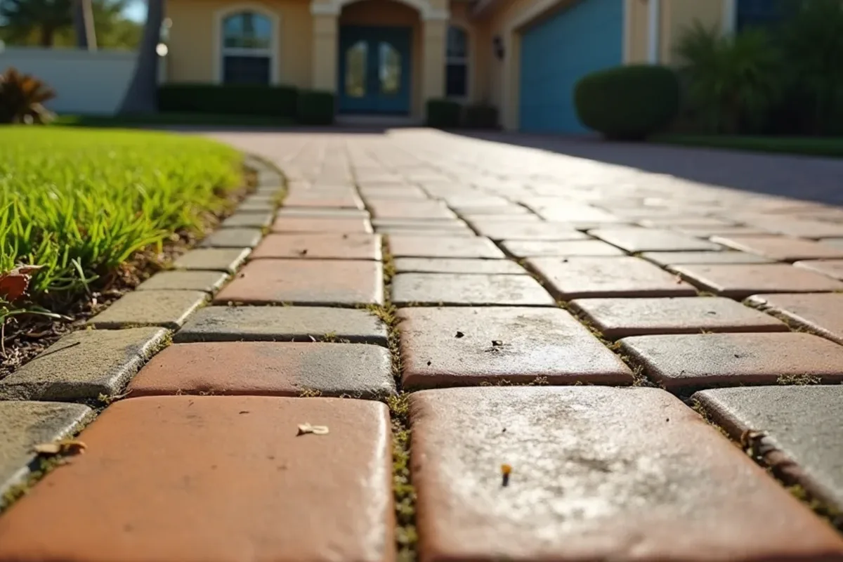 Before paver driveway pressure cleaning: mildew-darkened pavers and green joints in front of a stucco home