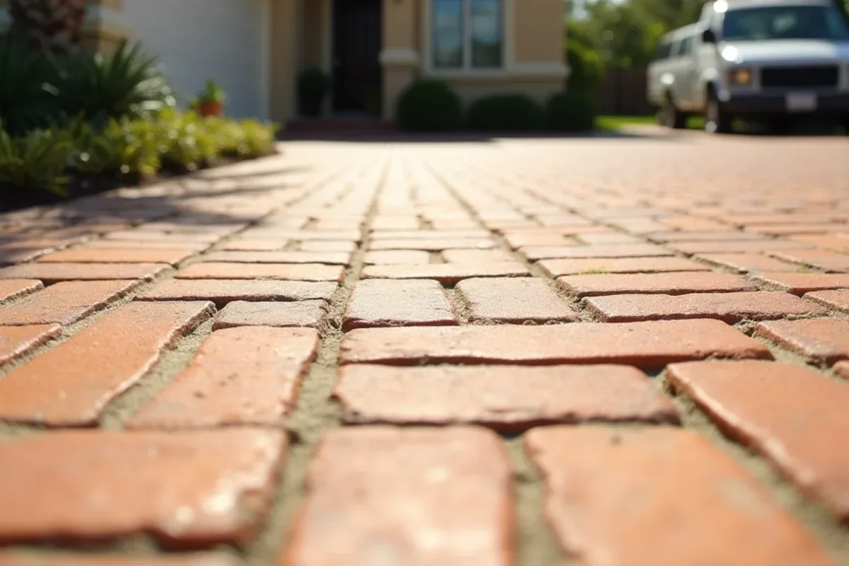 After paver driveway pressure cleaning: bright, evenly cleaned pavers with fresh joint sand