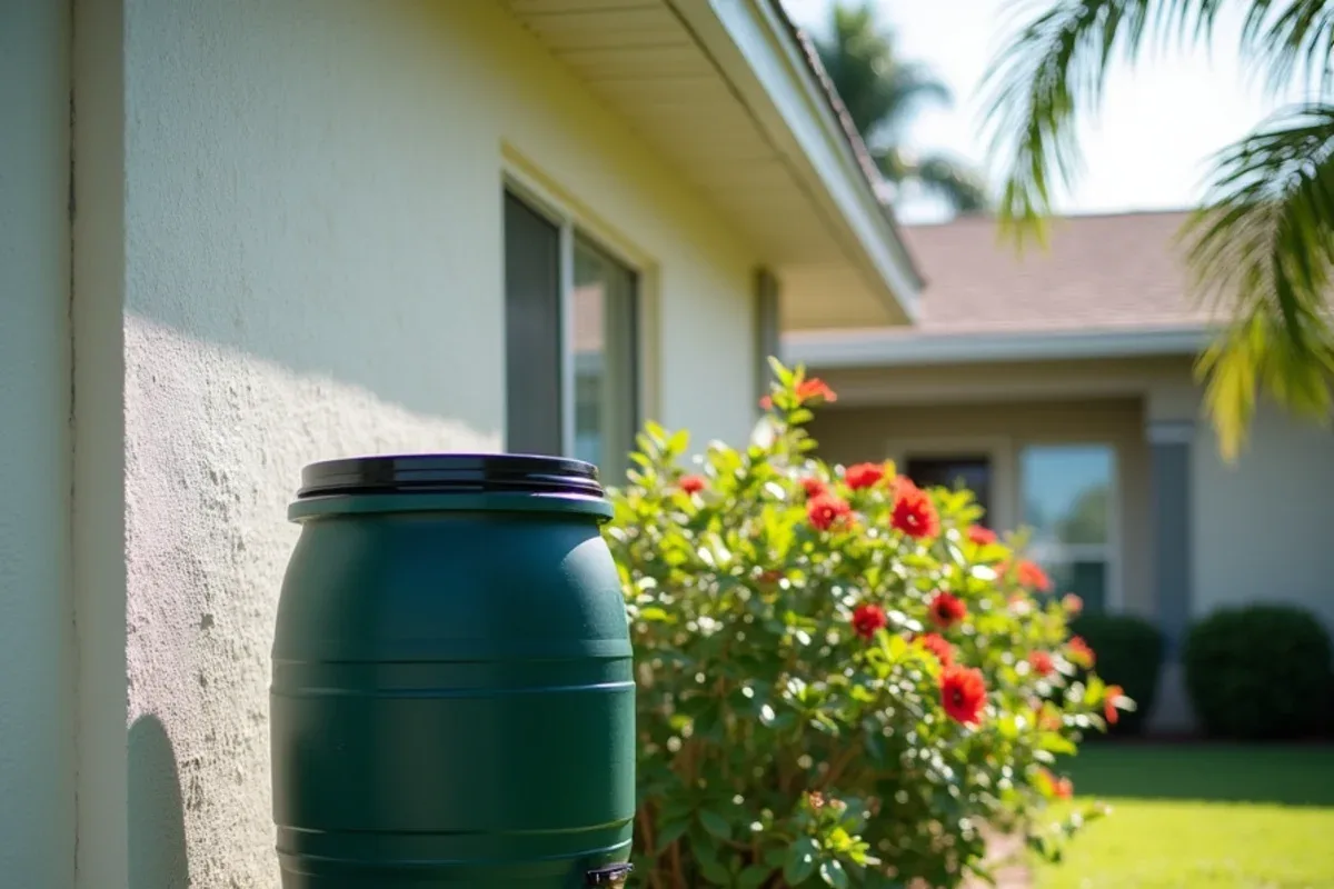 Dark green rain barrel raised on concrete blocks beside a stucco wall and hibiscus hedge