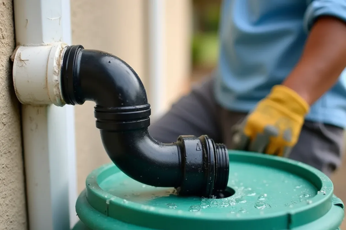 In-line downspout diverter feeding a short hose into a closed rain barrel lid
