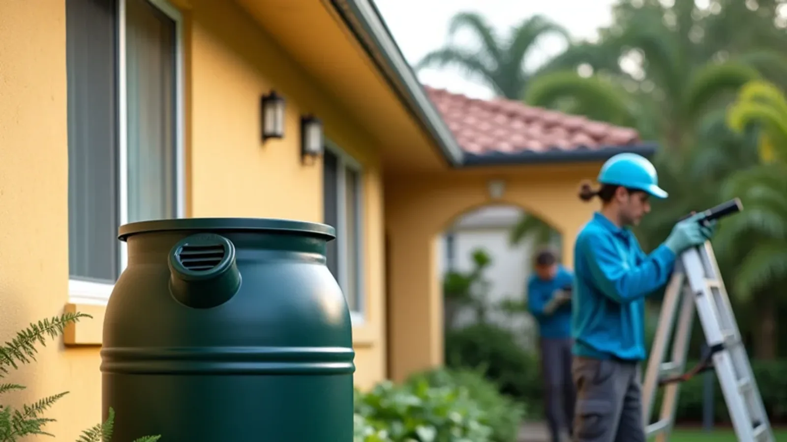 Rain barrel with a downspout diverter beside a raised garden bed at a South Florida home