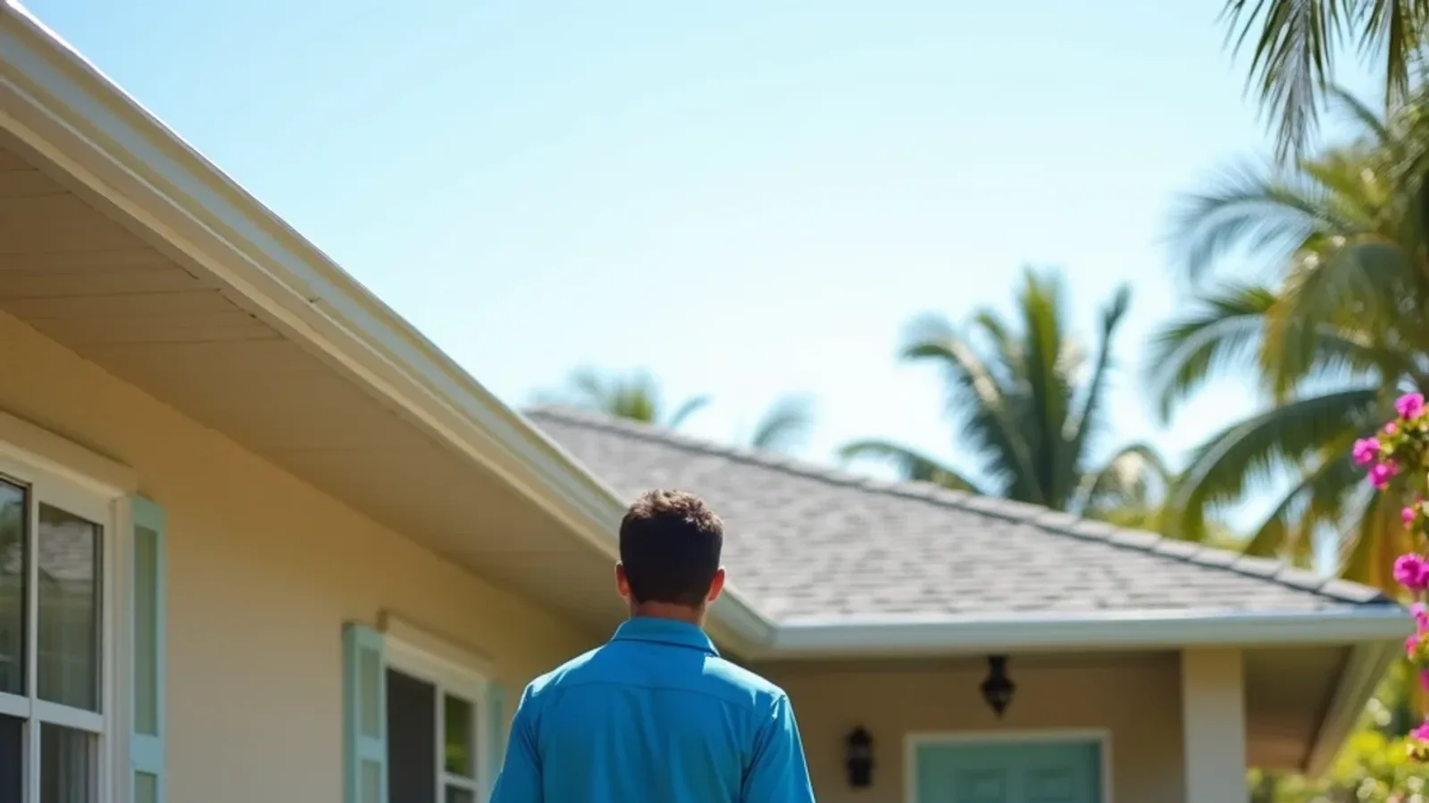 Homeowner admiring newly installed seamless gutters on a South Florida home