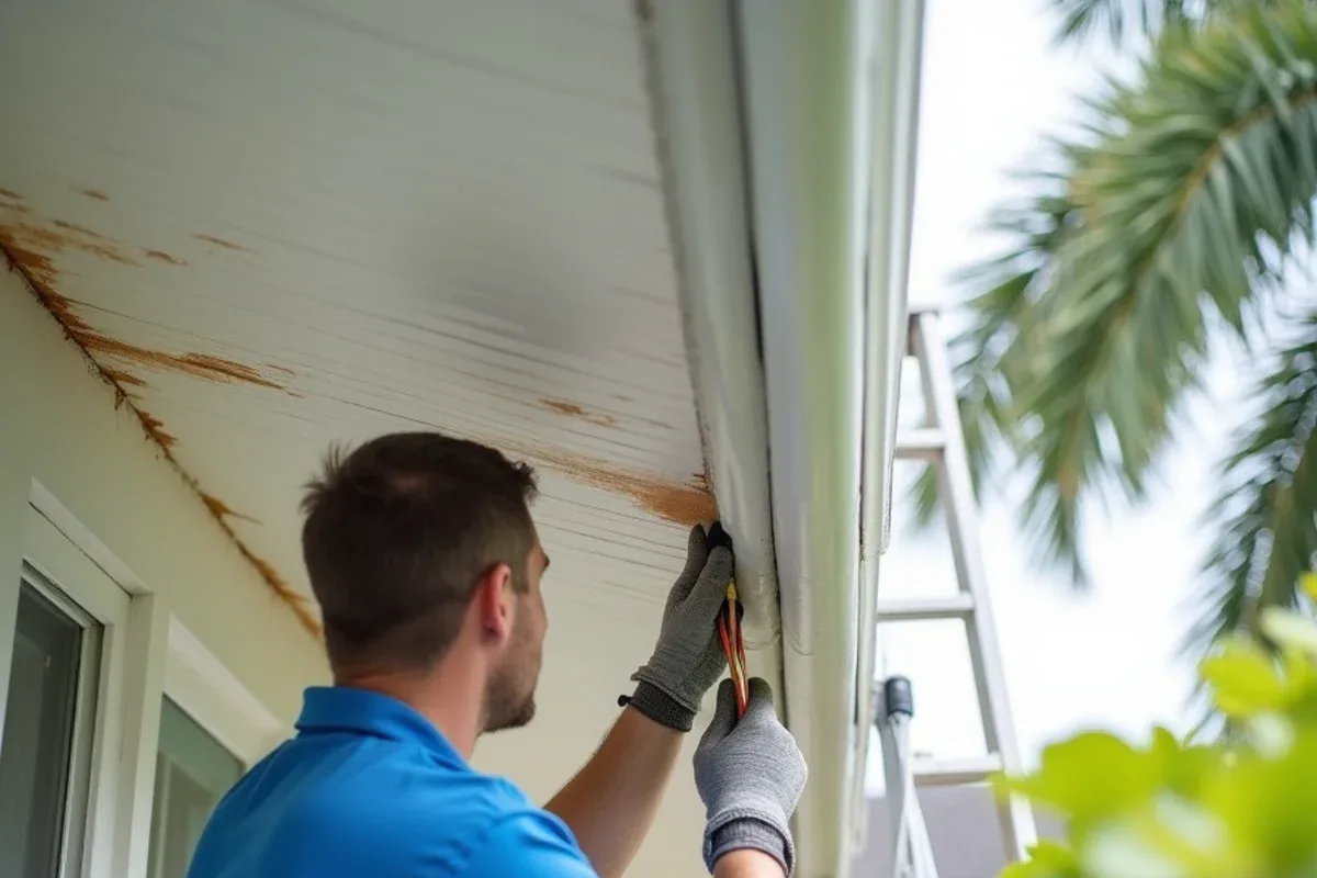 Brown water stains on a vented soffit directly beneath a gutter at the roof eave