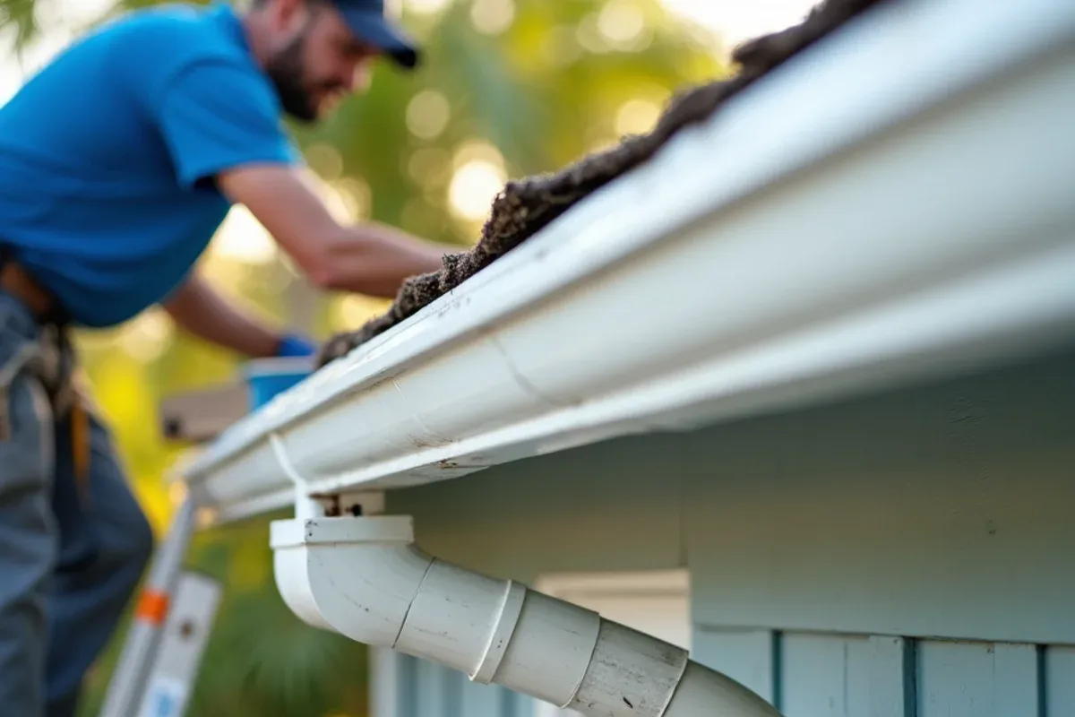 Freshly installed fascia board section with a re-hung gutter tight under the roof edge