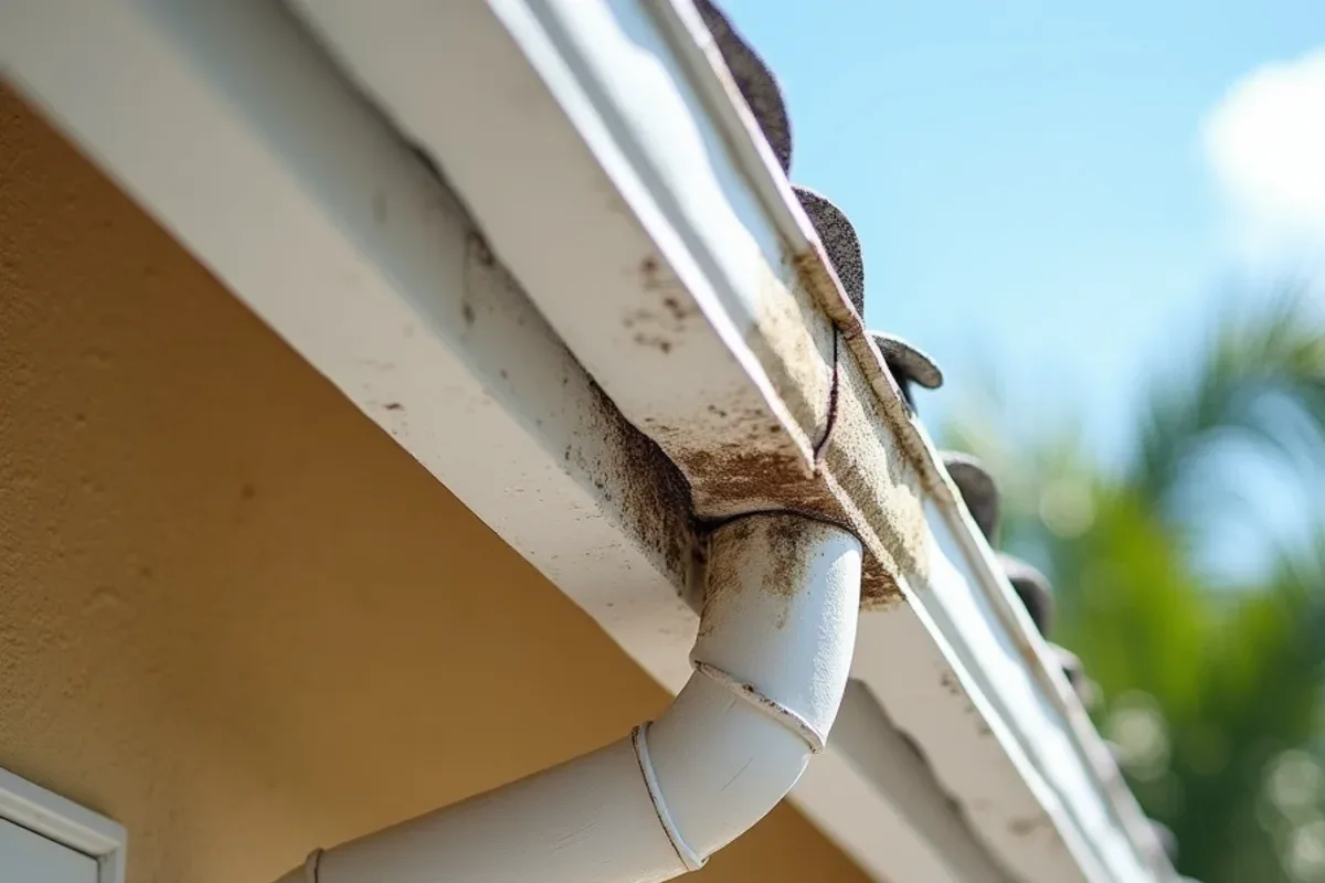 Before gutter-line roof leak repair: water-streaked fascia and stained soffit behind a low-hung gutter