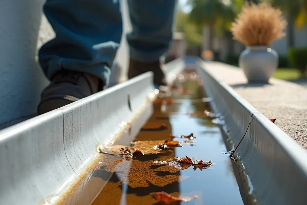 Stagnant water and leaf sludge sitting in a low spot of a sagging gutter trough
