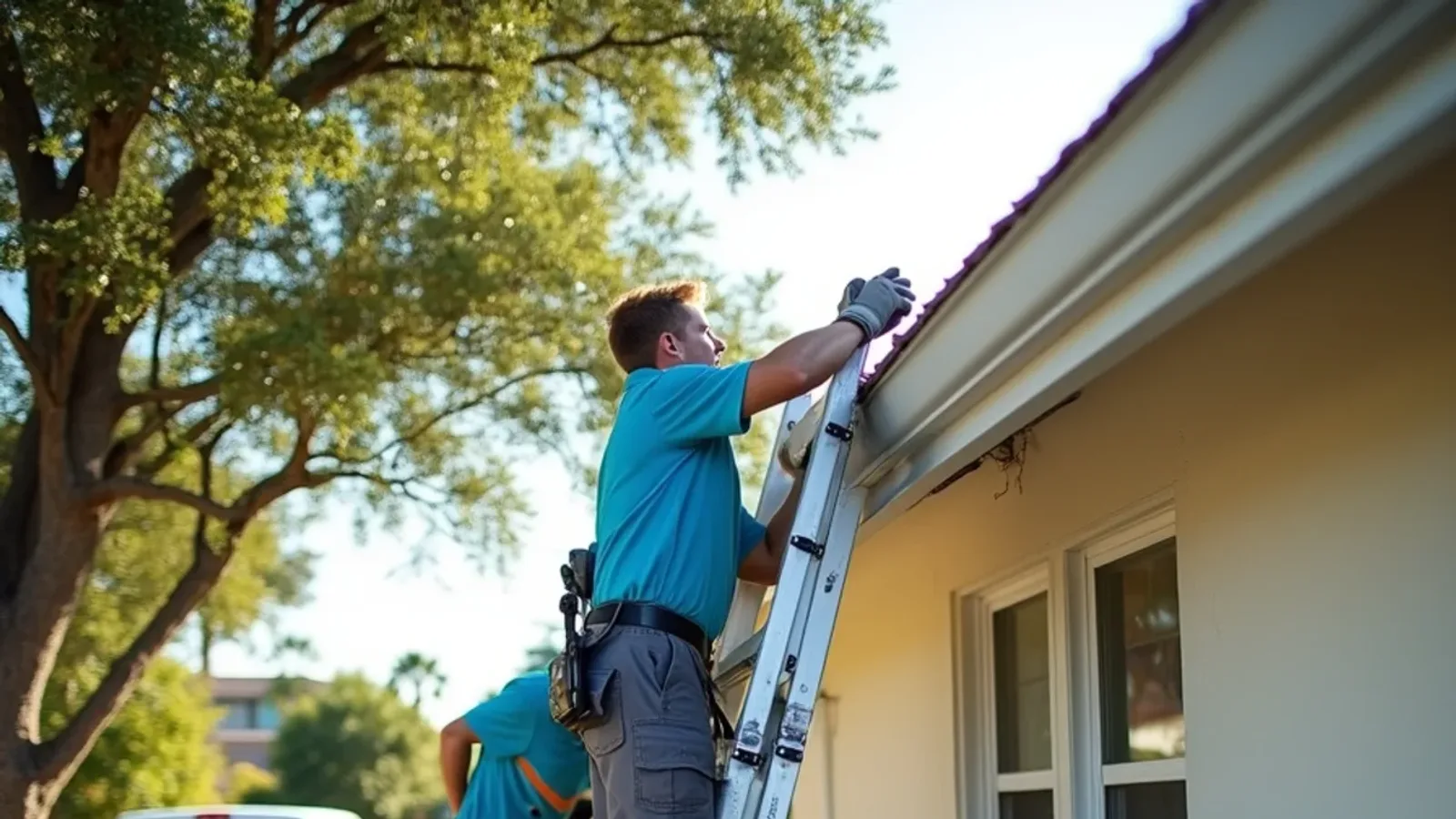 Two-person crew lifting a sagging aluminum gutter back up to the fascia line on a ranch home