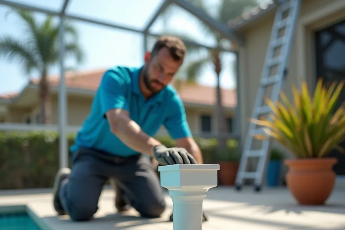 White downspout running down a pool cage column into a deck drain grate