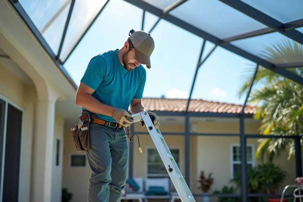 Installer on a padded ladder inside a pool cage hanging a gutter above a covered deck