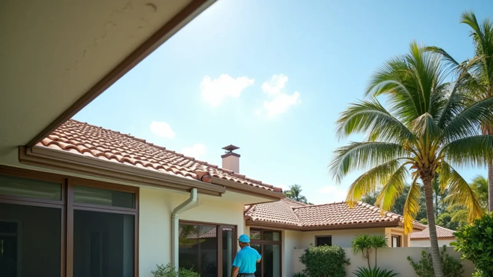 Seamless gutter along the roof edge directly above a screened pool enclosure in South Florida