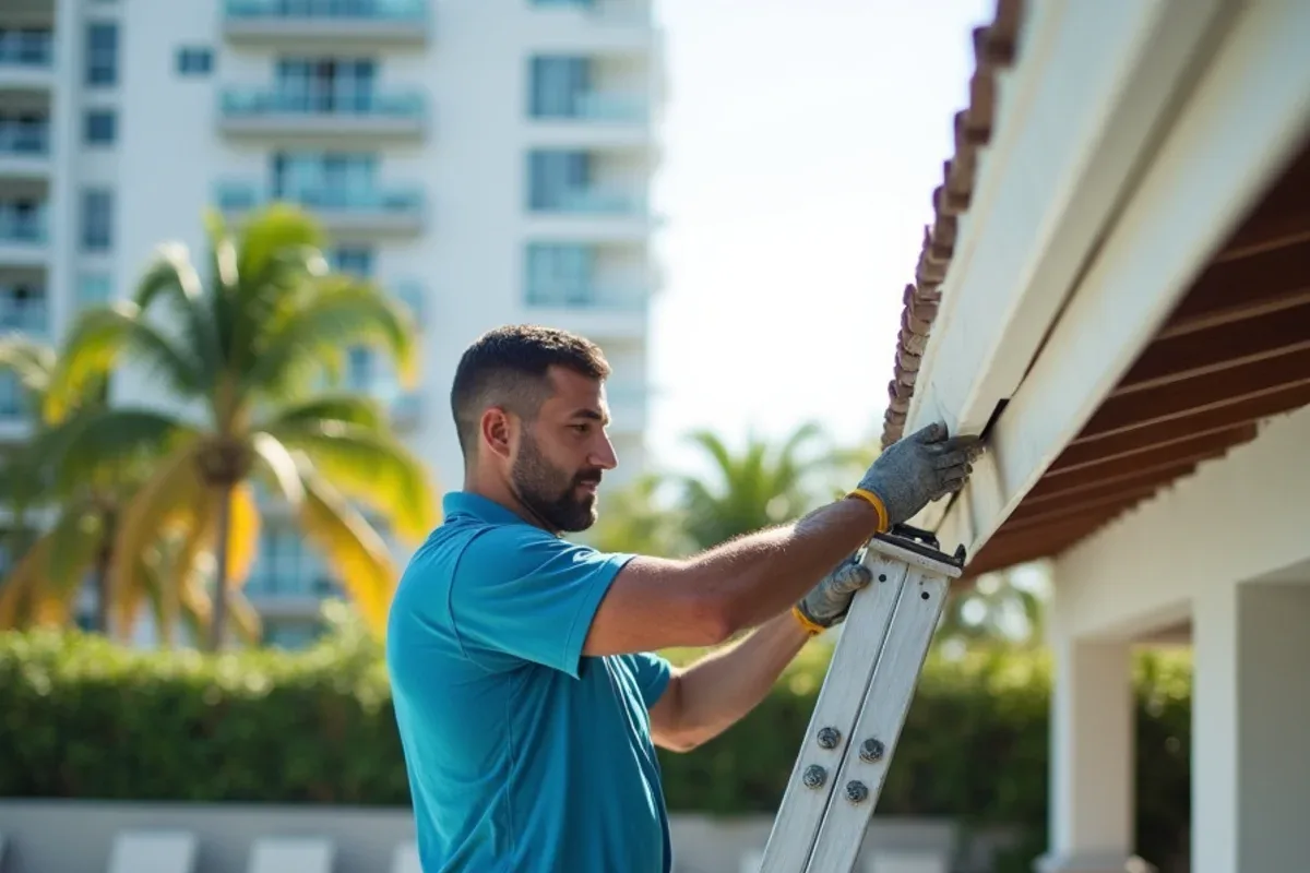 Crew clearing palm debris from a pool cabana gutter at an Aventura condominium