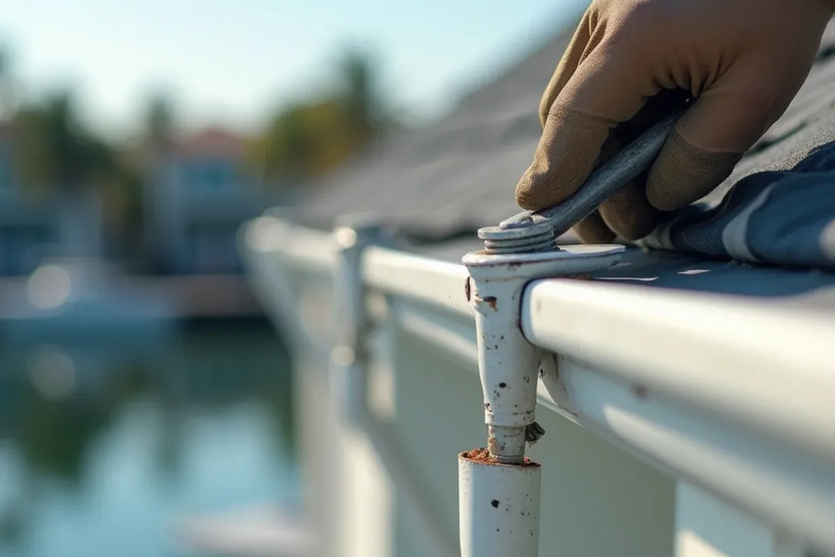 Salt-pitted gutter hangers on an Aventura waterfront townhome row near the Intracoastal