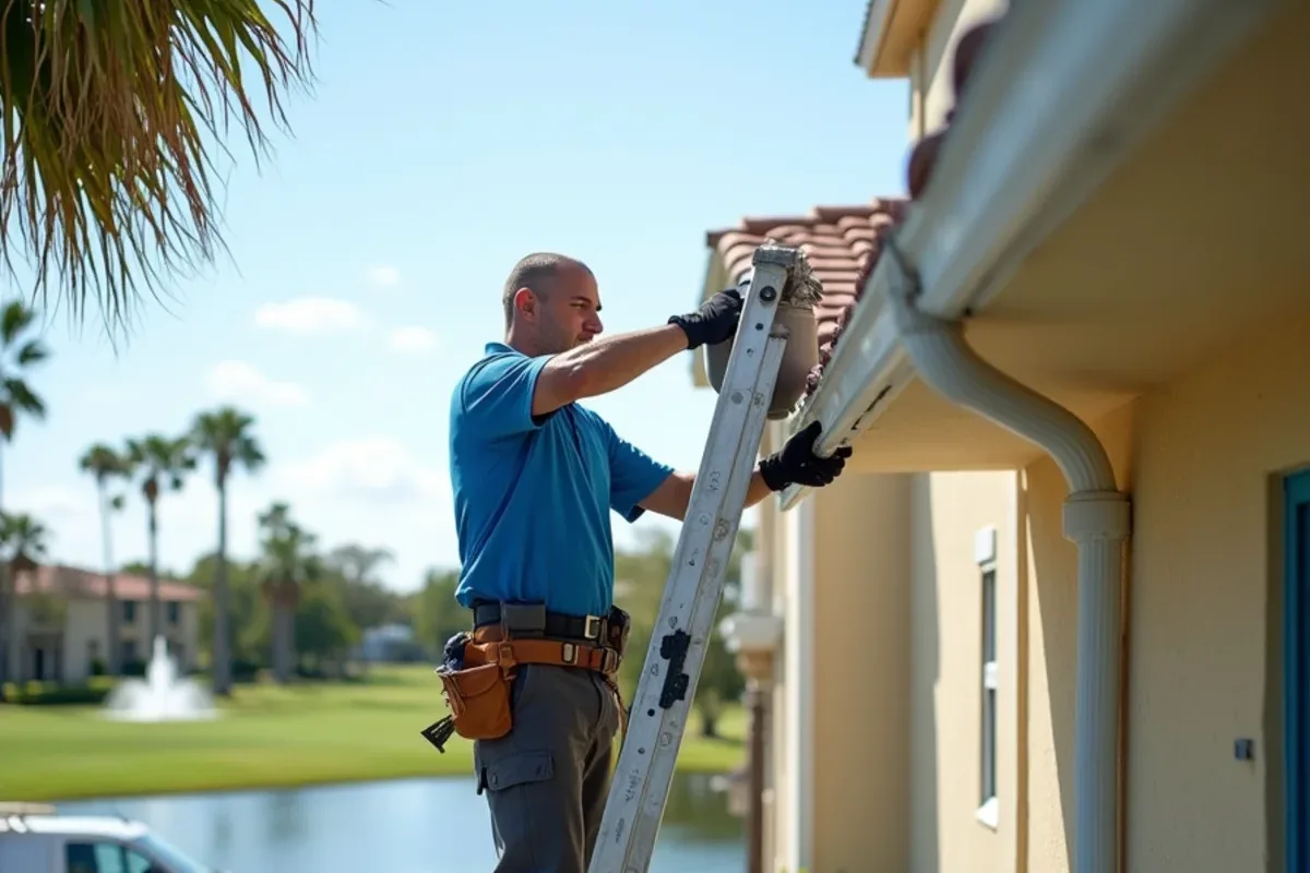 Crew member cleaning a condo building gutter beside a golf-course lake in Boca Del Mar