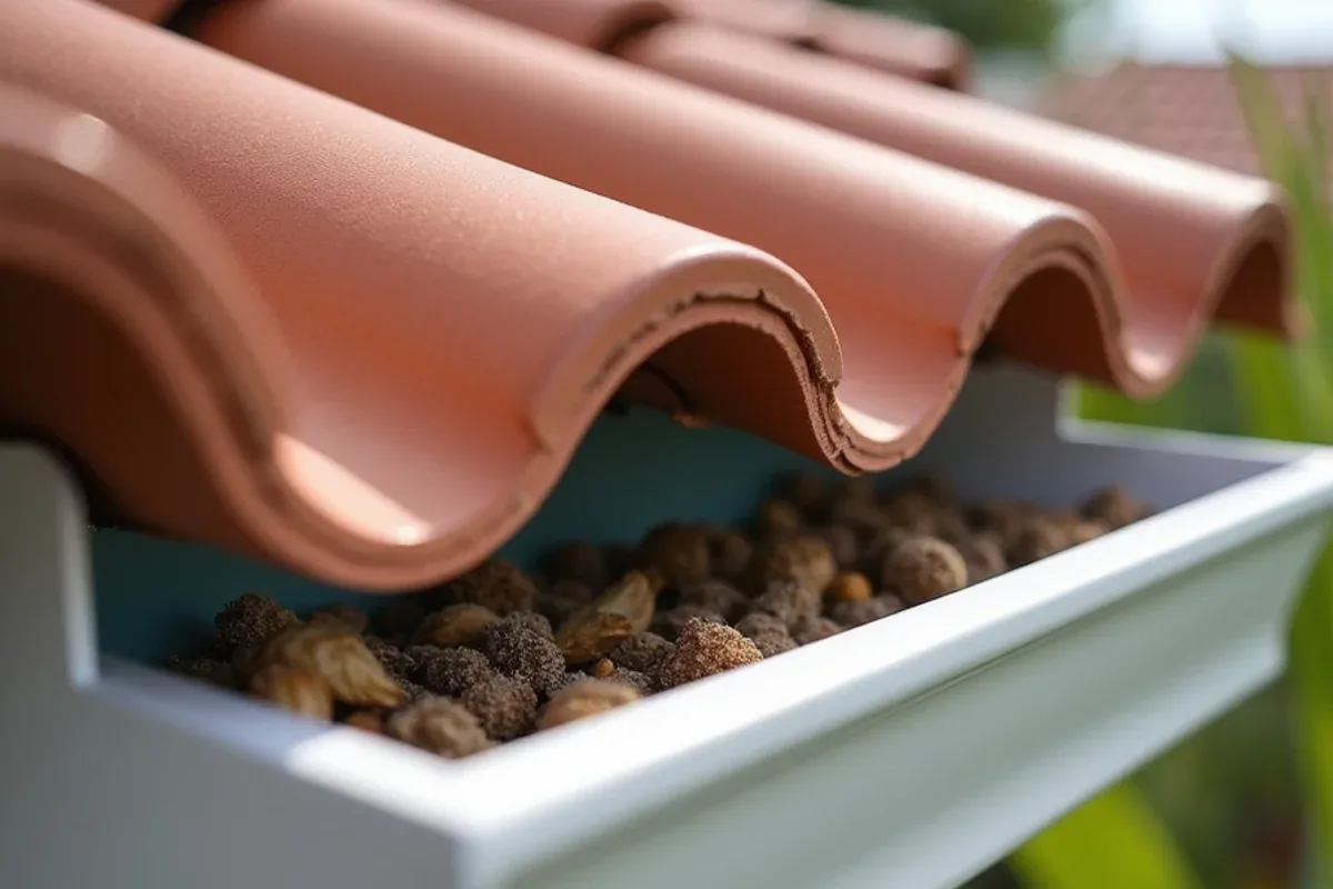 Close view of a Boca Raton barrel tile eave over a six-inch seamless gutter holding seed pods