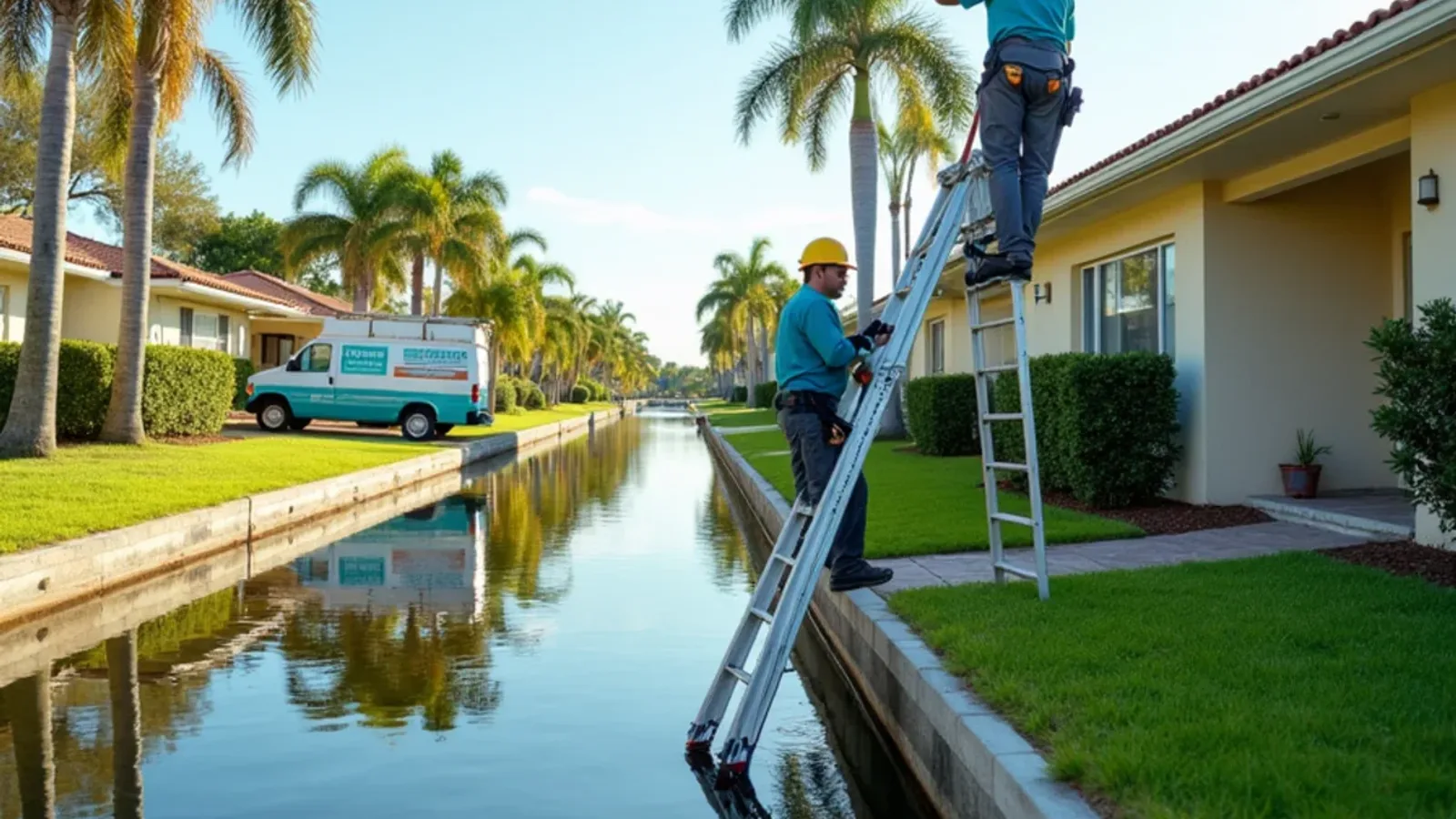 1950s Broadview Park block homes on a grassy canal bank with a technician at a rear eave