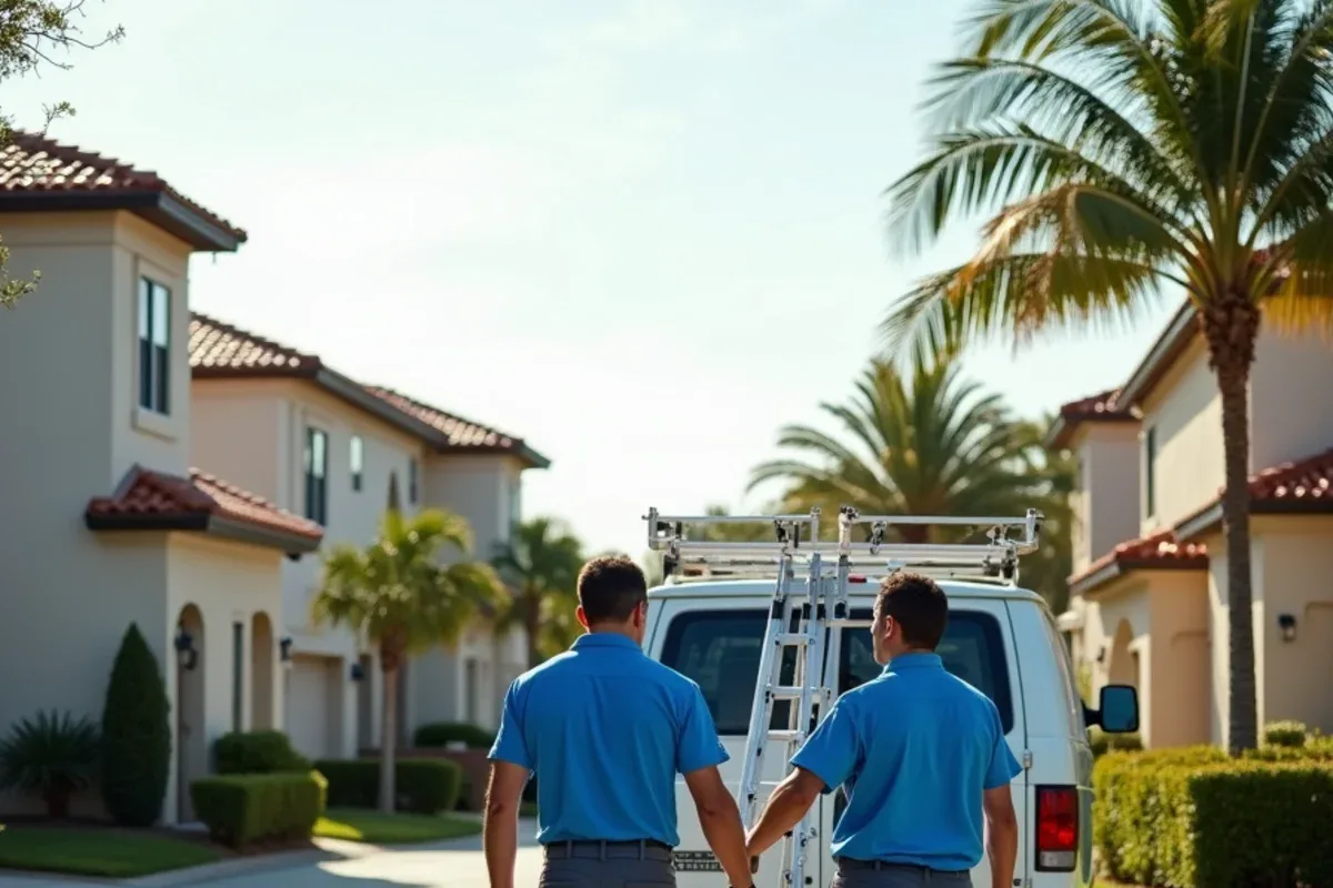 Gutter crew unloading an aluminum ladder from a white van on a gated Broward HOA street