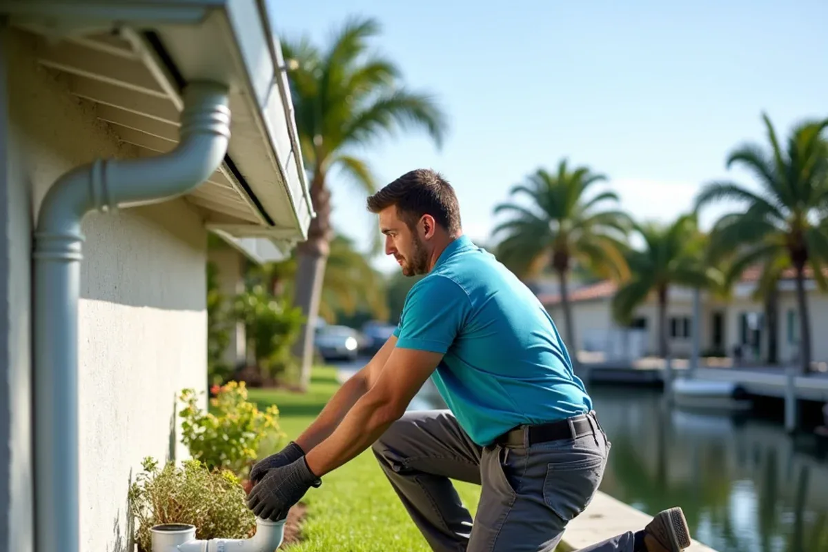 Broward canal-front backyard where a buried downspout line carries roof water away from the slab