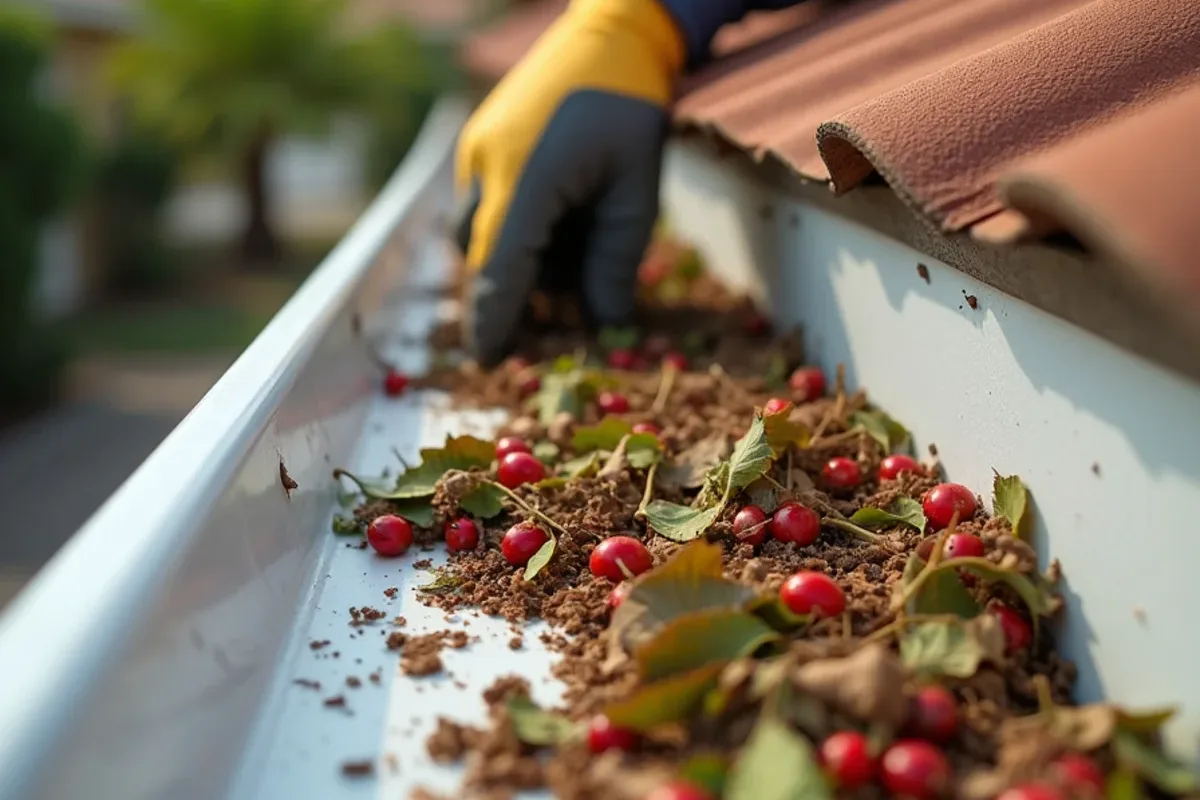 Close view of Coconut Creek gutter packed with small native leaves and berries