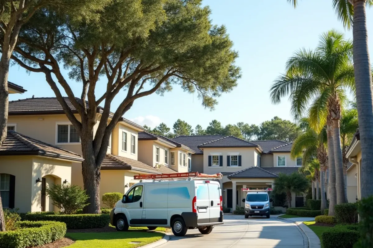 Newer Coconut Creek HOA street of tile-roof homes shaded by live oaks and sabal palms