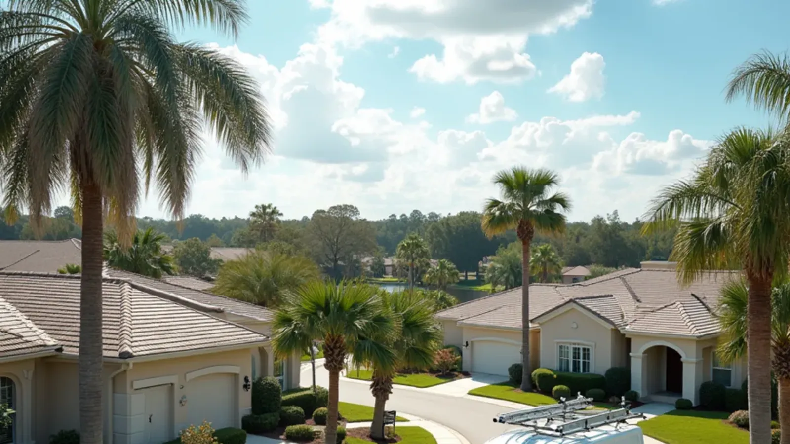 Curving Cooper City subdivision street of 1990s CBS homes with one gutter ladder at an eave