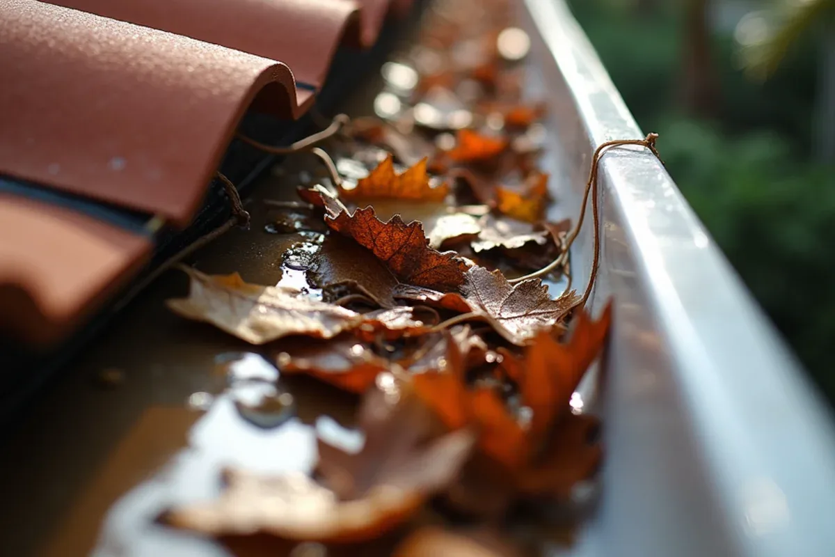 Oak leaves lodged in a barrel tile roof valley above a Coral Springs gutter run