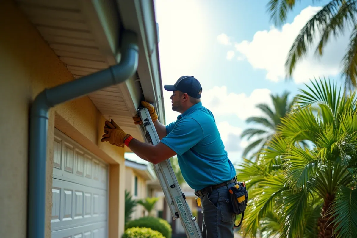 Crew member checking a gutter outlet after heavy rain at a Dania Beach home