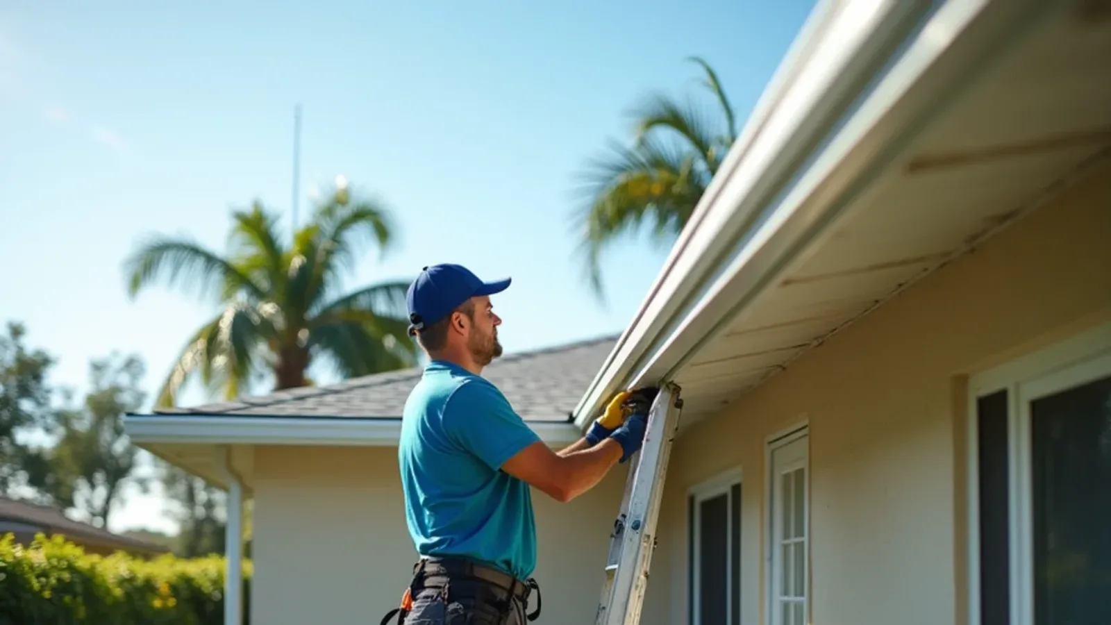 Technician fitting a new seamless gutter on an older single-story Dania Beach block home