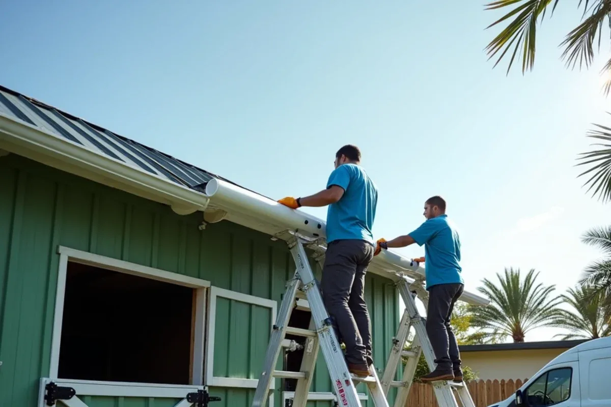 Crew fastening an oversized seamless gutter to a barn eave on a Davie horse property