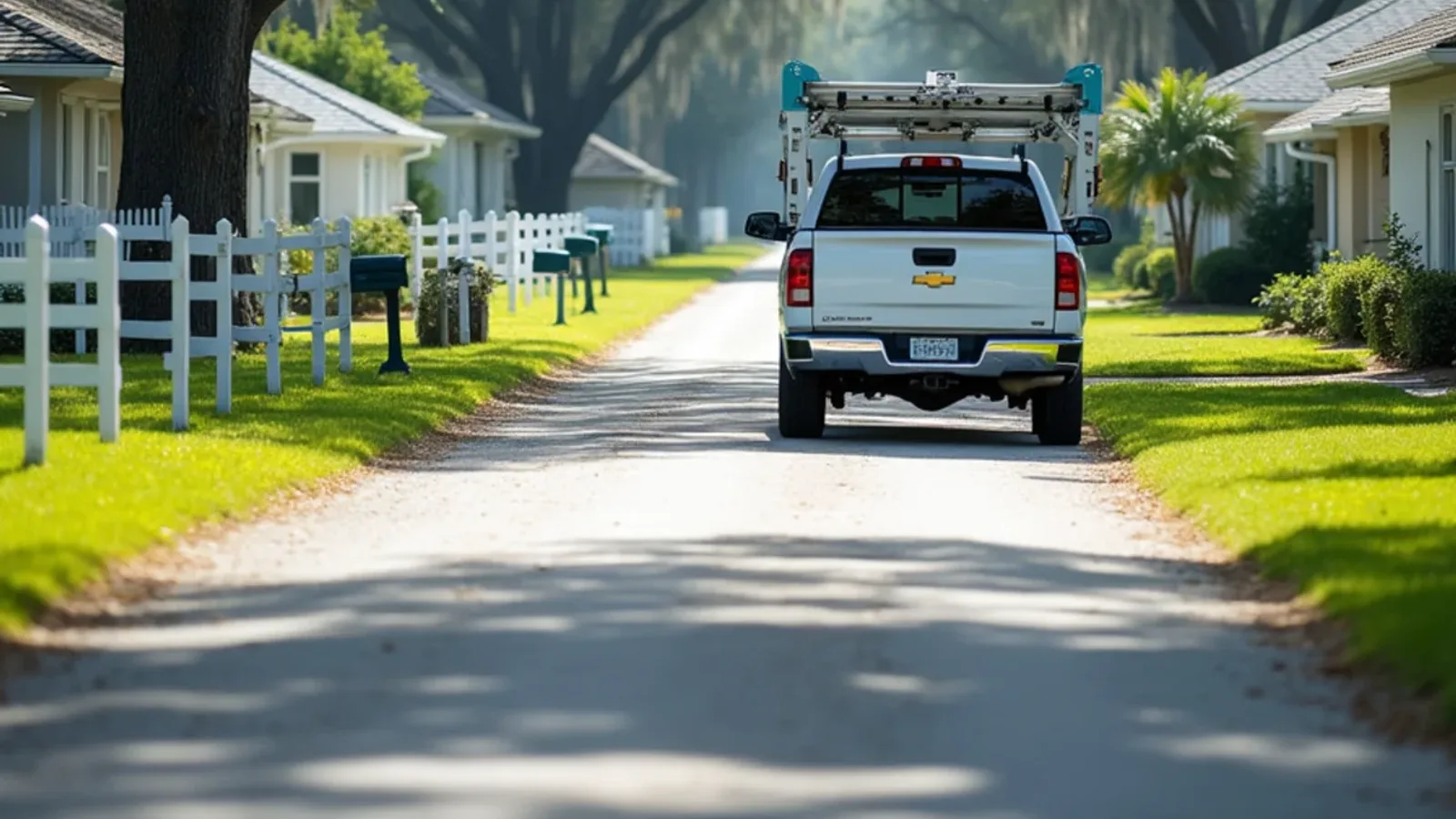 Semi-rural Davie lane of ranch homes on wooded acre lots with three-rail fences and a pickup