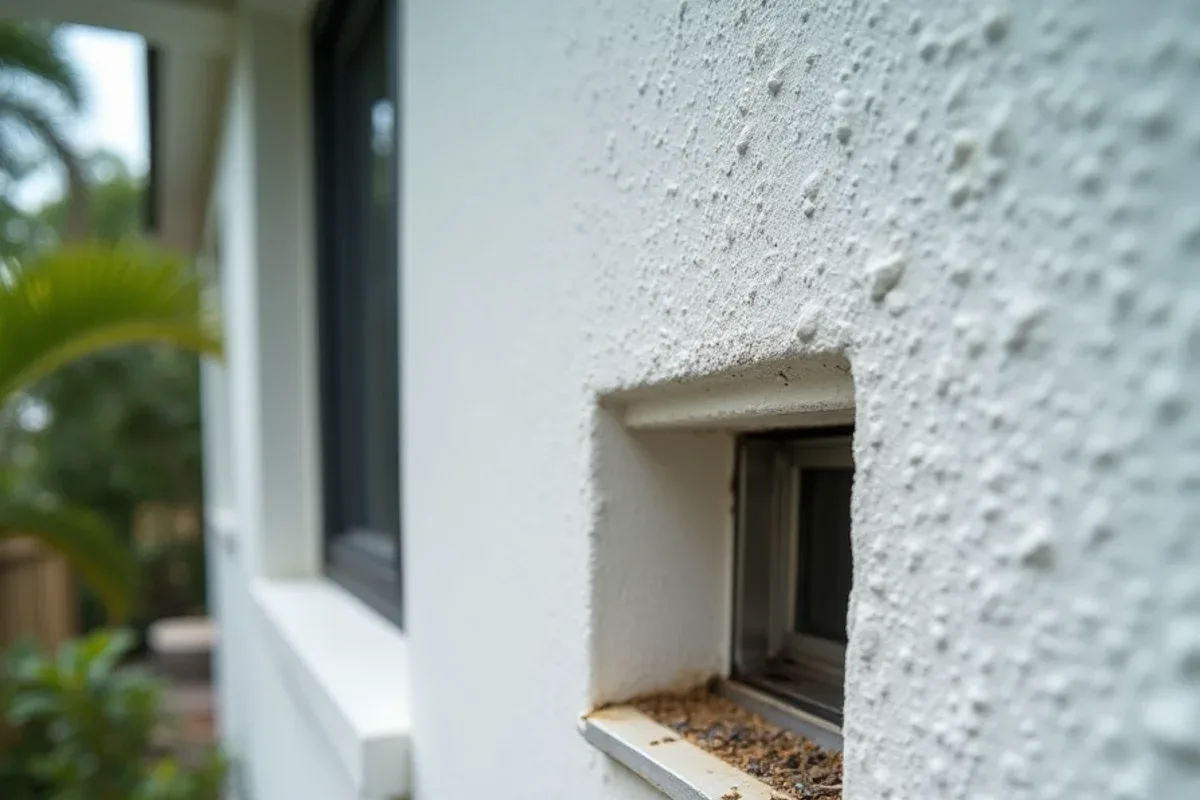 Stucco parapet scupper draining into a leader head on a Delray Beach flat-roof home