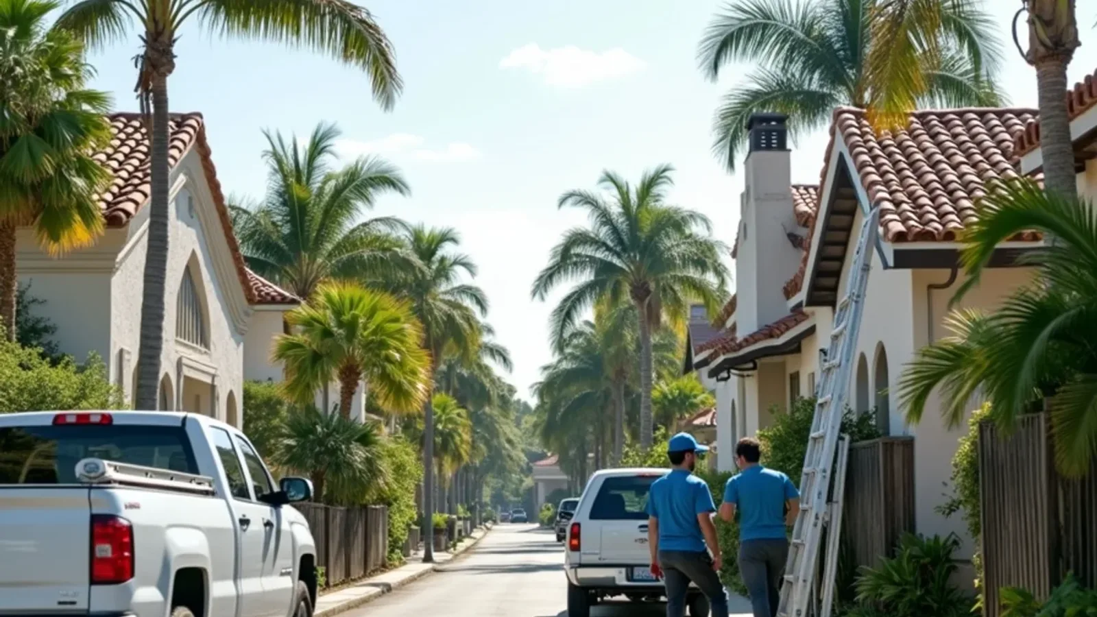 Historic Delray Beach street of Mission Revival homes and frame cottages with a ladder at one eave