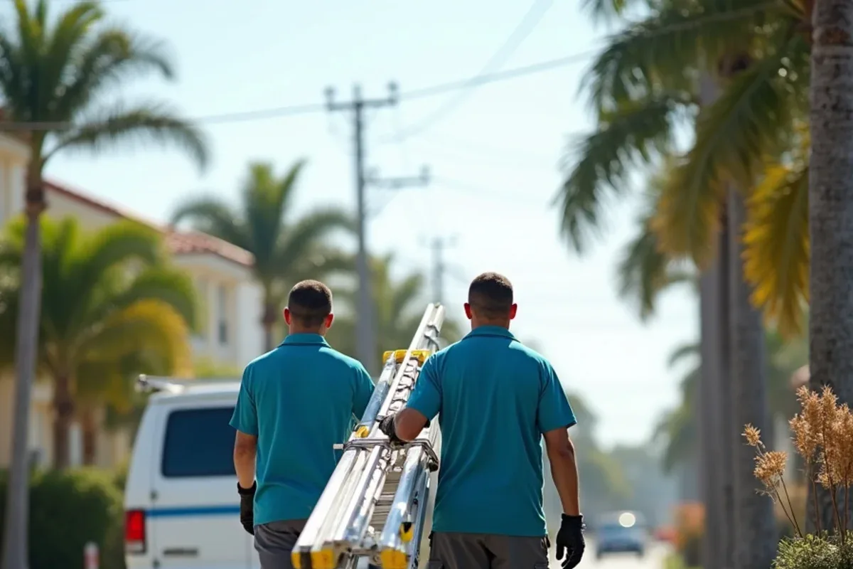 Gutter crew carrying an extension ladder down a narrow Fort Lauderdale isle street toward a home
