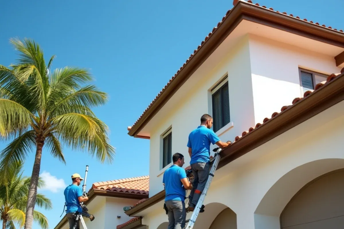 Crew installing a long seamless gutter on a tall Golden Beach tile-roof estate